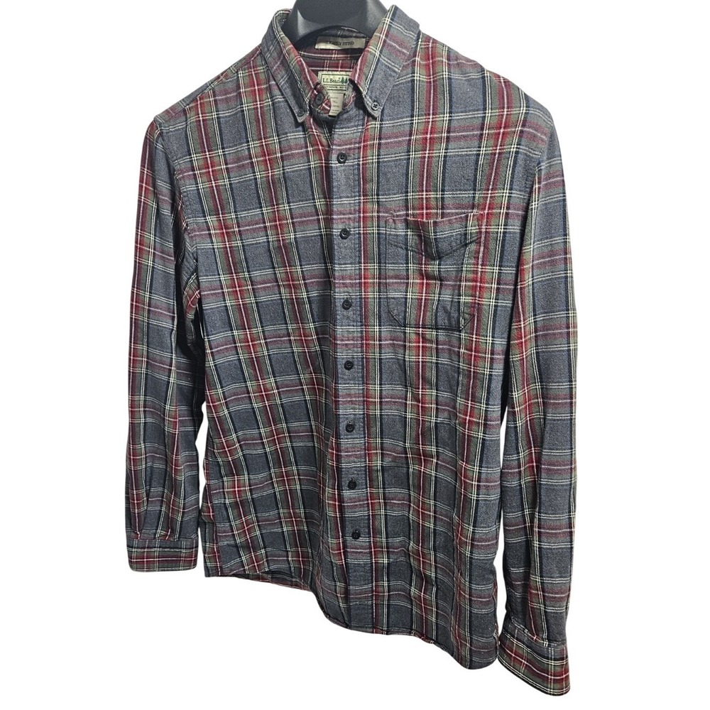 LL Bean Mens Flannel Shirt Large Tall Grey Red Plaid Slightly Fitted 298168